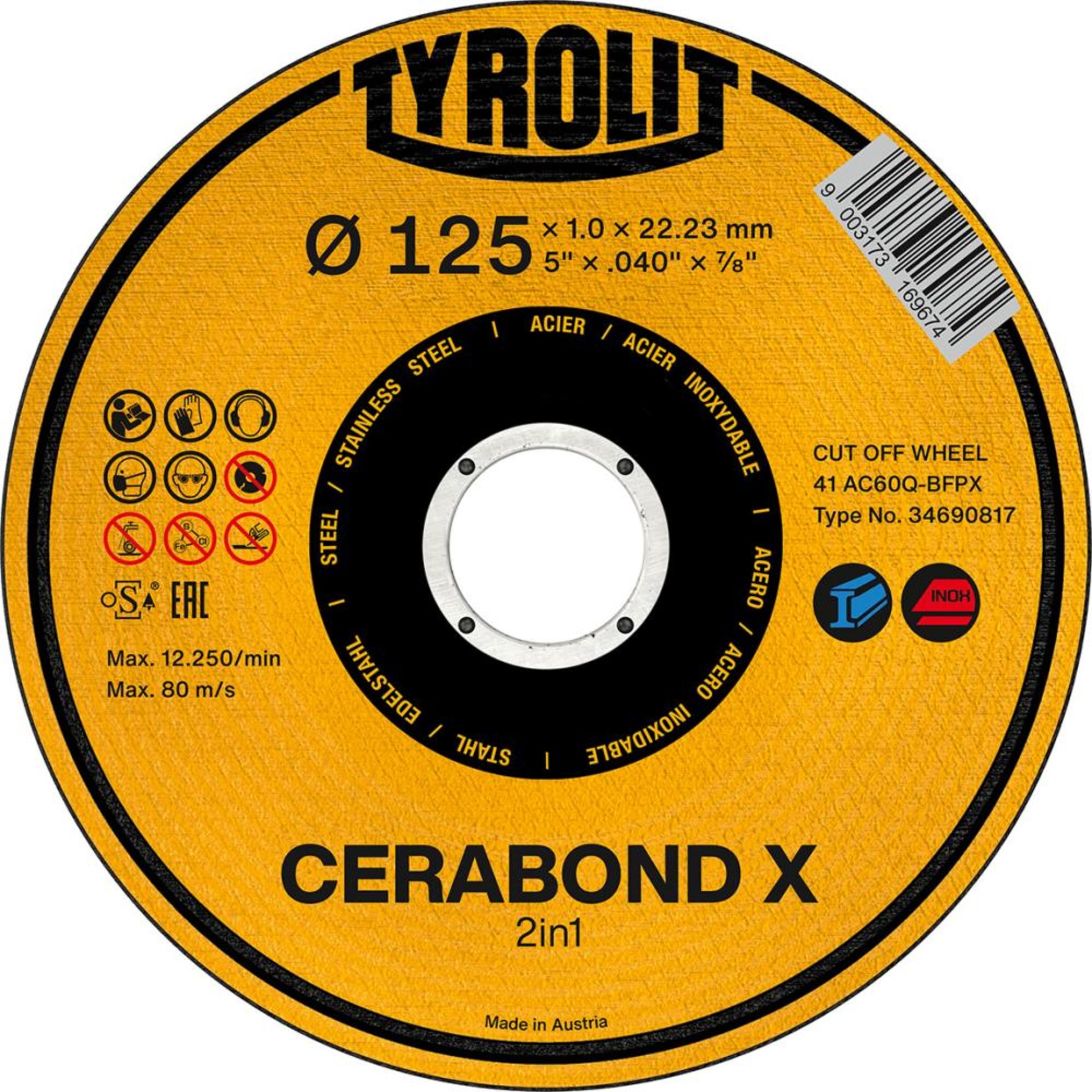 Trennscheibe CERABOND X 115 x 1 mm, gerade Stahl+INOX Tyrolit