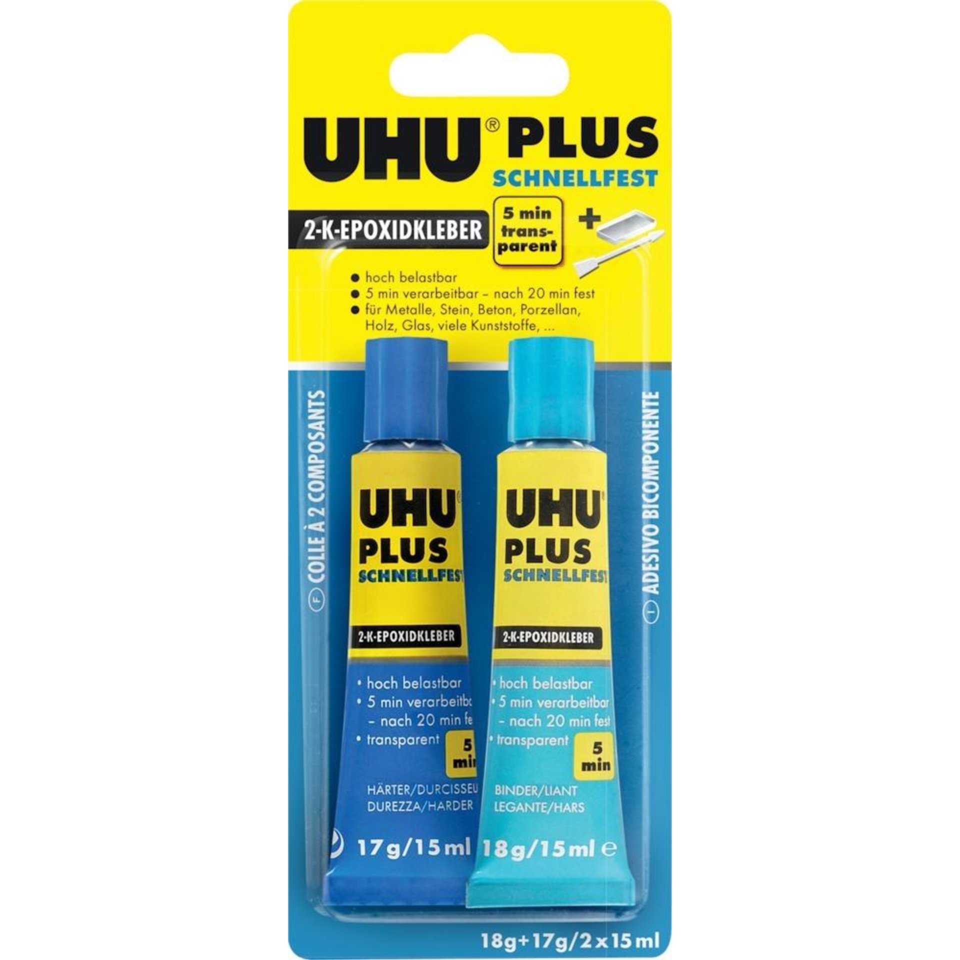 2-KomponentenepoxidkleberPLUS SCHNELLFEST SB-Karte mit Tuben Binder18g Härter 17g UHU 2-KomponentenepoxidkleberPLUS SCHNELLFEST SB-Karte mit Tuben Binder18g Härter 17g UHU