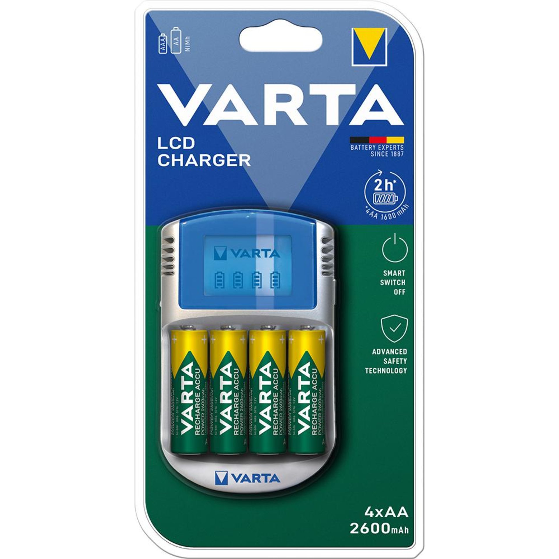Ladegerät LCD Charger für4 Akkus AA/AAA mit 4Akkus AA 2600mAh, Adapter12VKabel USB VARTA