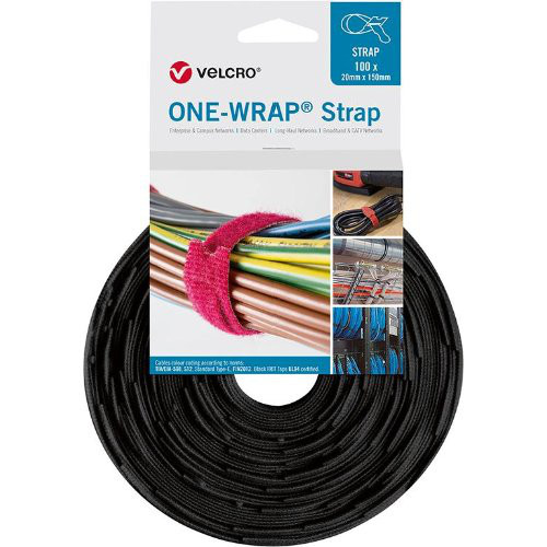 VELCRO Klettkabelbinder One Wrap Strap 20 x 200mm, schwarz, 100 Stück