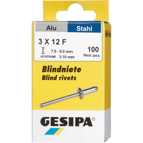 Blindniet Alu/Stahl Flachrundkopf Mini-Pack 3x12mm a 100Stück GESIPA